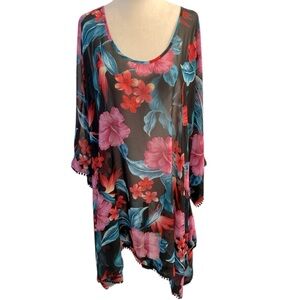 Lands' End Floral Sheer Pom Pom Detail Swim Cover Up Size Large 14-16 Resortwear